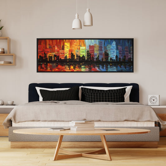 Décoration sur toile encadrée représentant un paysage urbain coloré et des bâtiments