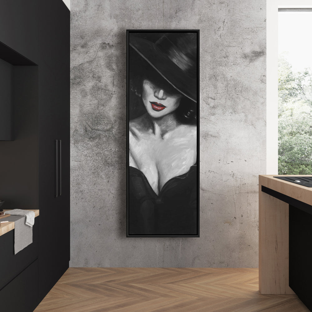 Toile encadrée « Beauté de la chambre grise » – Mystérieuse dame aux lèvres rouges