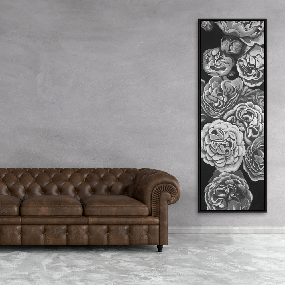 Toile botanique Dahlias en nuances de gris | Cadre blanc pour décoration d'intérieur
