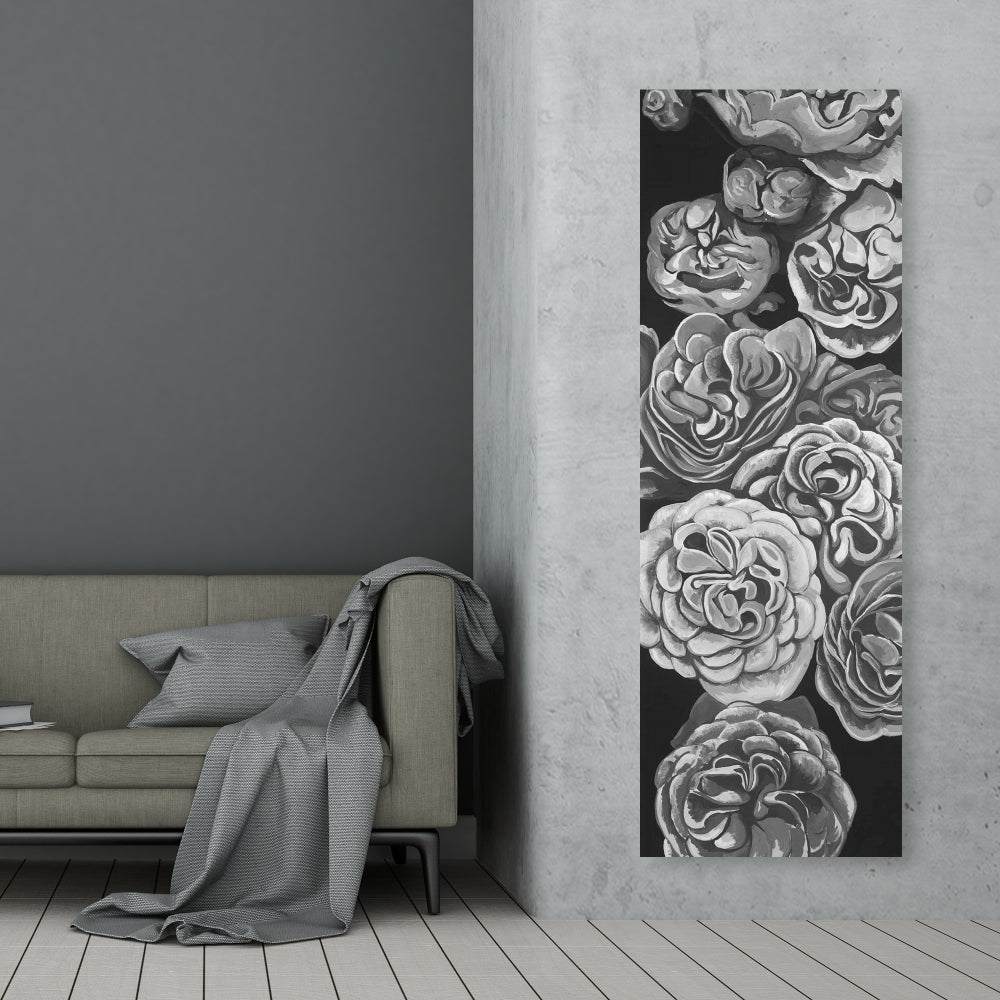 Toile botanique Dahlias en nuances de gris | Décoration murale blanche pour chambre