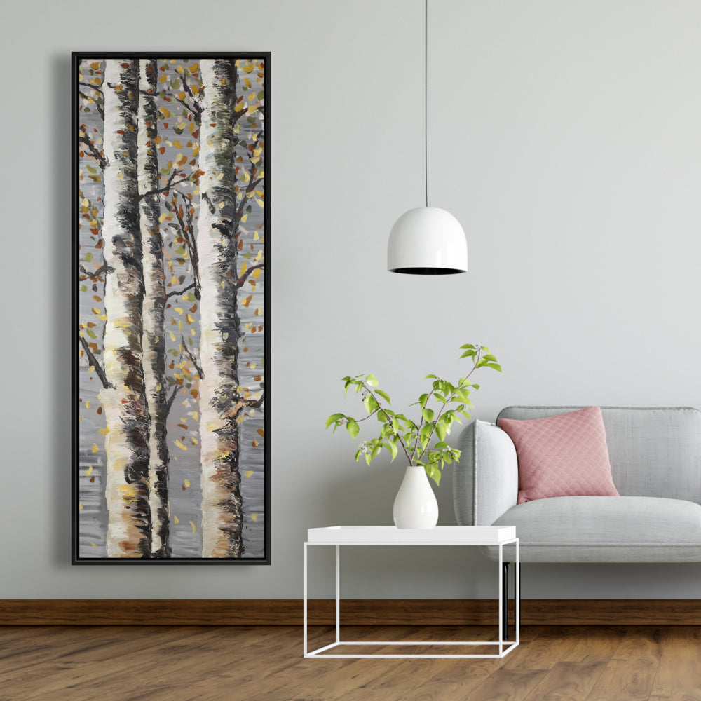 Blossoming Birches - Gray Framed Canvas for Home Decor