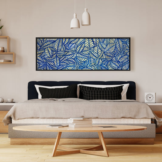 Toile à motifs de feuilles | Décoration murale encadrée bleue pour chambre