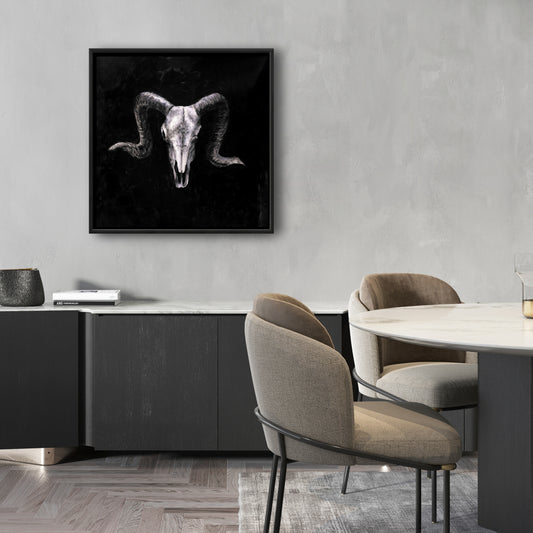 Ram Skull Grunge Canvas | Gray Framed Farm Animal Decor