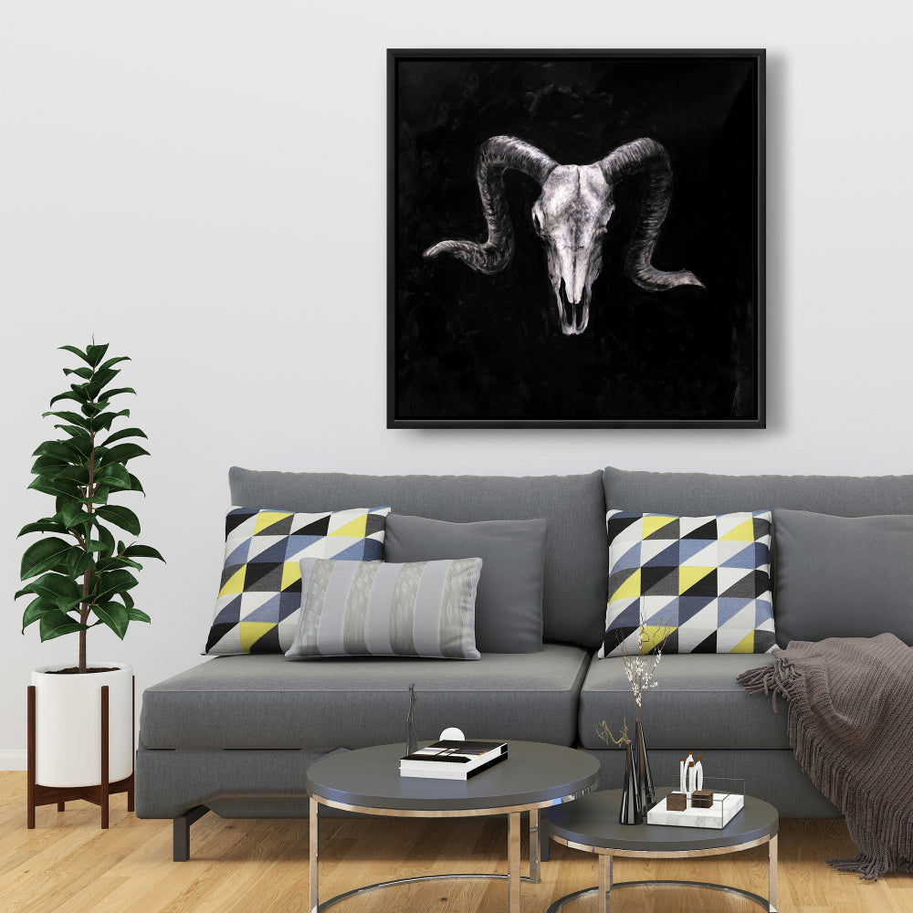 Ram Skull Grunge Canvas | Gray Framed Farm Animal Decor