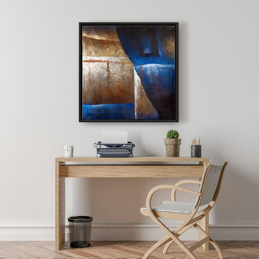 Toile de salon bleu industriel | Formes bronze avec lumière bleue