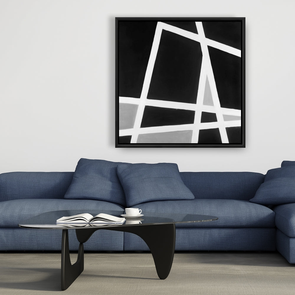 Shapes White Abstract Framed Canvas | Black and White Lines Decor