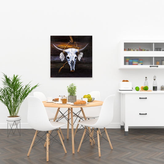 Toile bohème avec crâne de taureau suspendu | Décoration d'intérieur sur le thème des animaux de la ferme