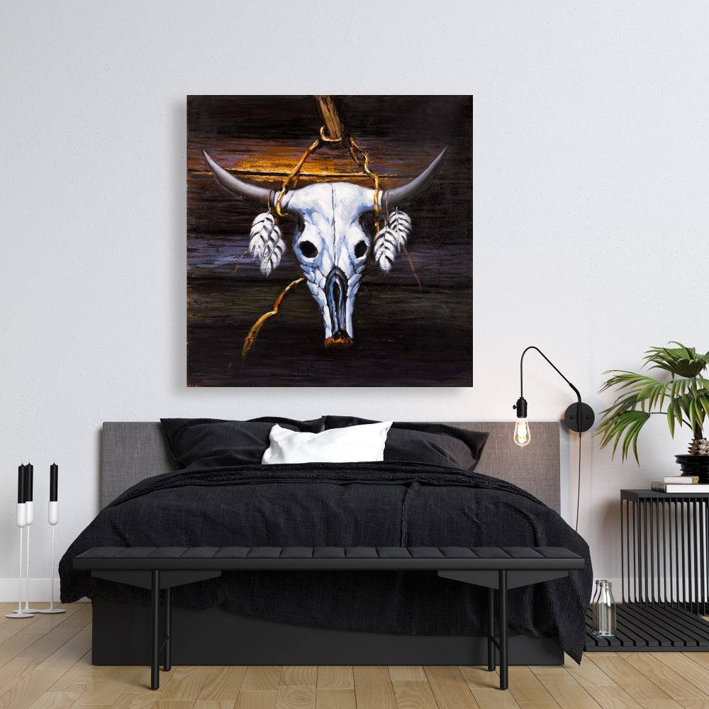 Bohemian Hanged Bull Skull Canvas | Farm Animals Home Decor