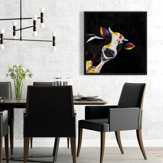 Une vache amusante | Toile encadrée représentant des animaux de la ferme blancs, décoration d'intérieur