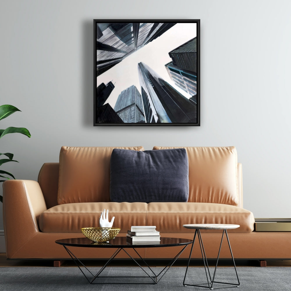 Perspective View of Skyscraper - Blue Cities Framed Canvas