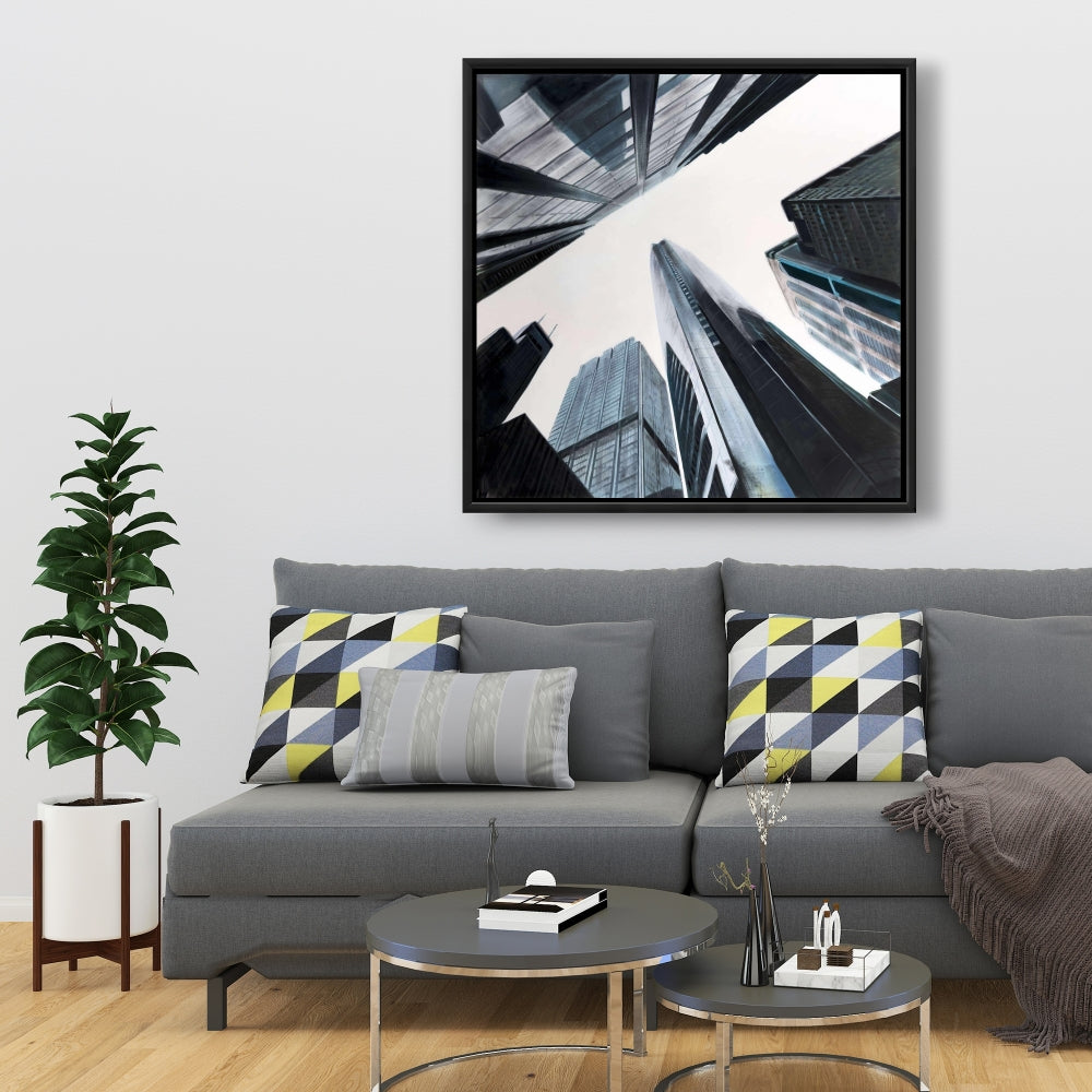 Perspective View of Skyscraper - Blue Cities Framed Canvas