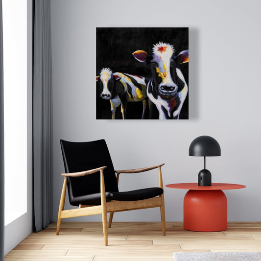 Toile blanche représentant deux vaches amusantes – Décoration murale contemporaine animalière