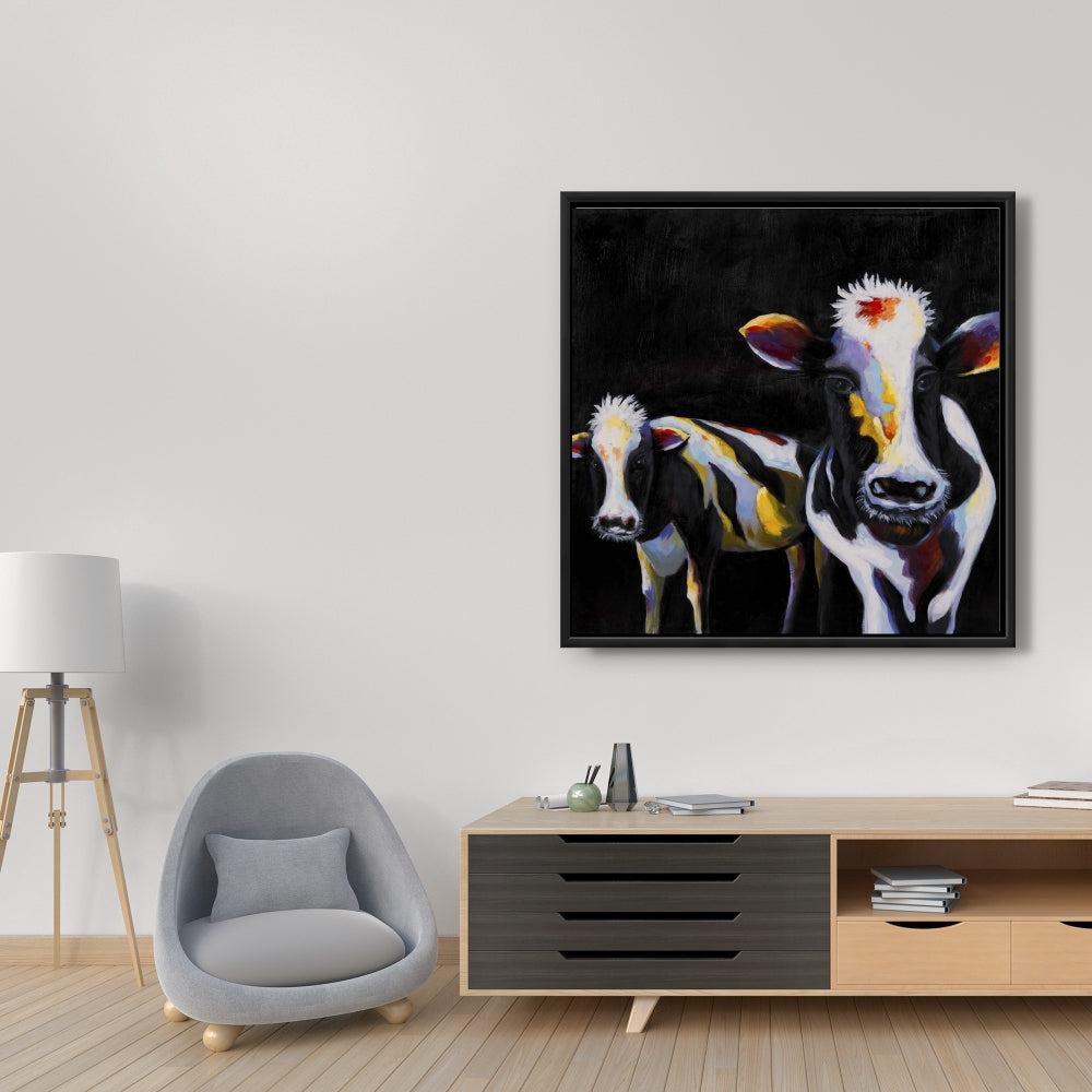 Two Funny Cows Framed Canvas - White Contemporary Home Decor