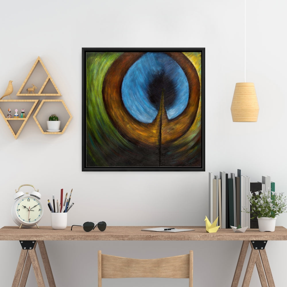 Peacock Feather Center Framed Canvas | Exotic Home Decor