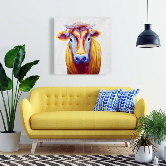 Colorful Country Cow Blue Canvas - Contemporary Bedroom Decor