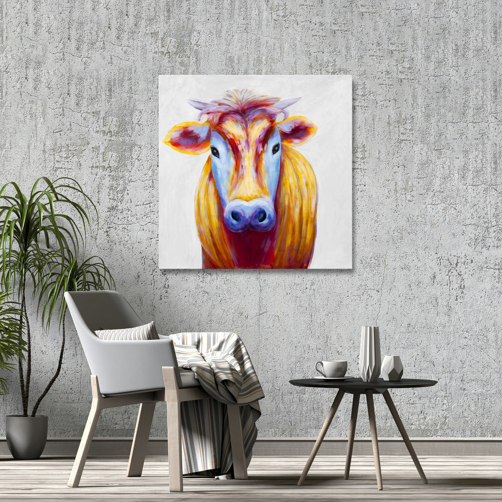 Colorful Country Cow Blue Canvas - Contemporary Bedroom Decor