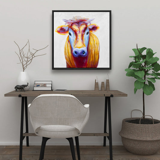 Toile colorée représentant une vache de campagne – Décoration d'intérieur avec animaux de la ferme bleus