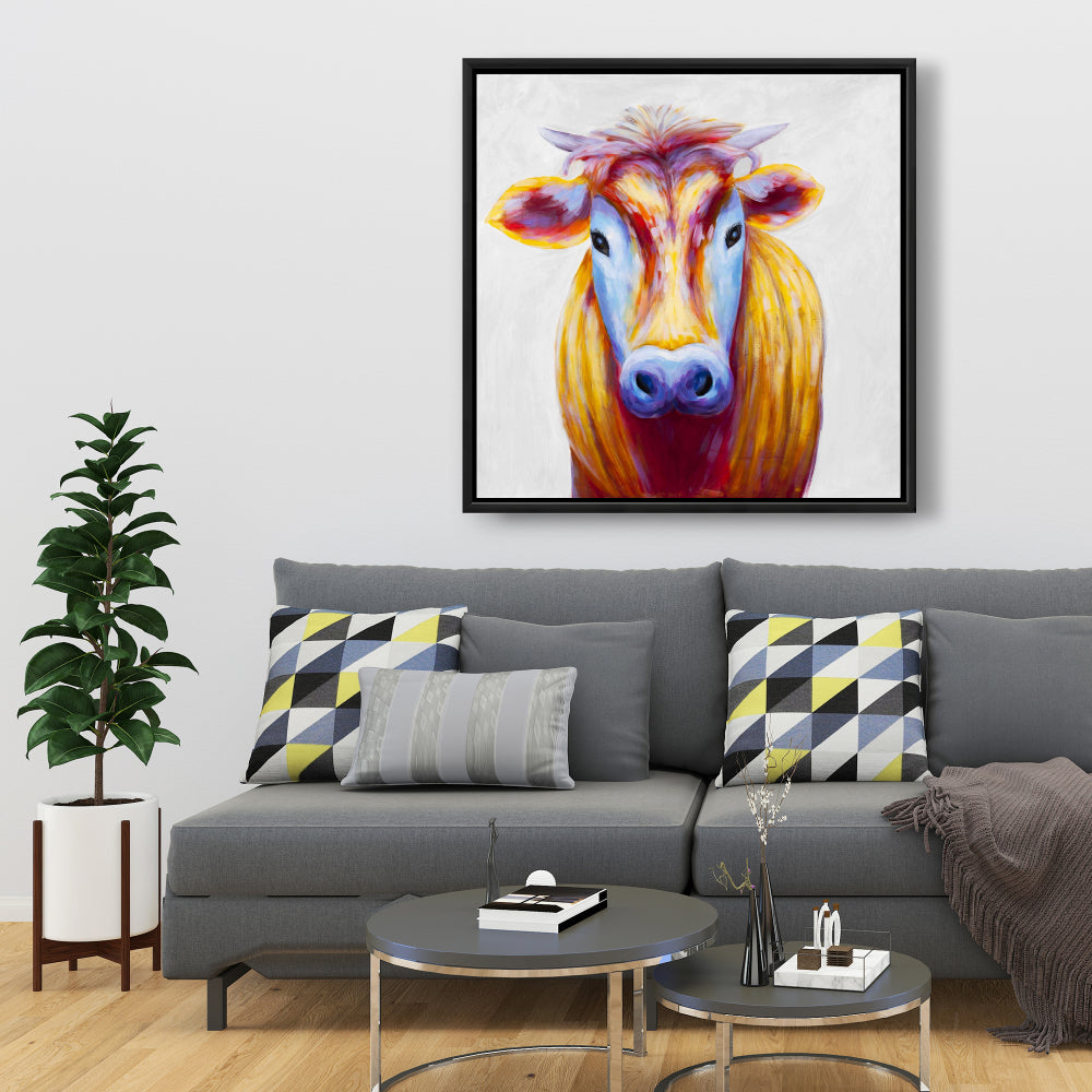 Colorful Country Cow Canvas - Blue Farm Animals Home Decor