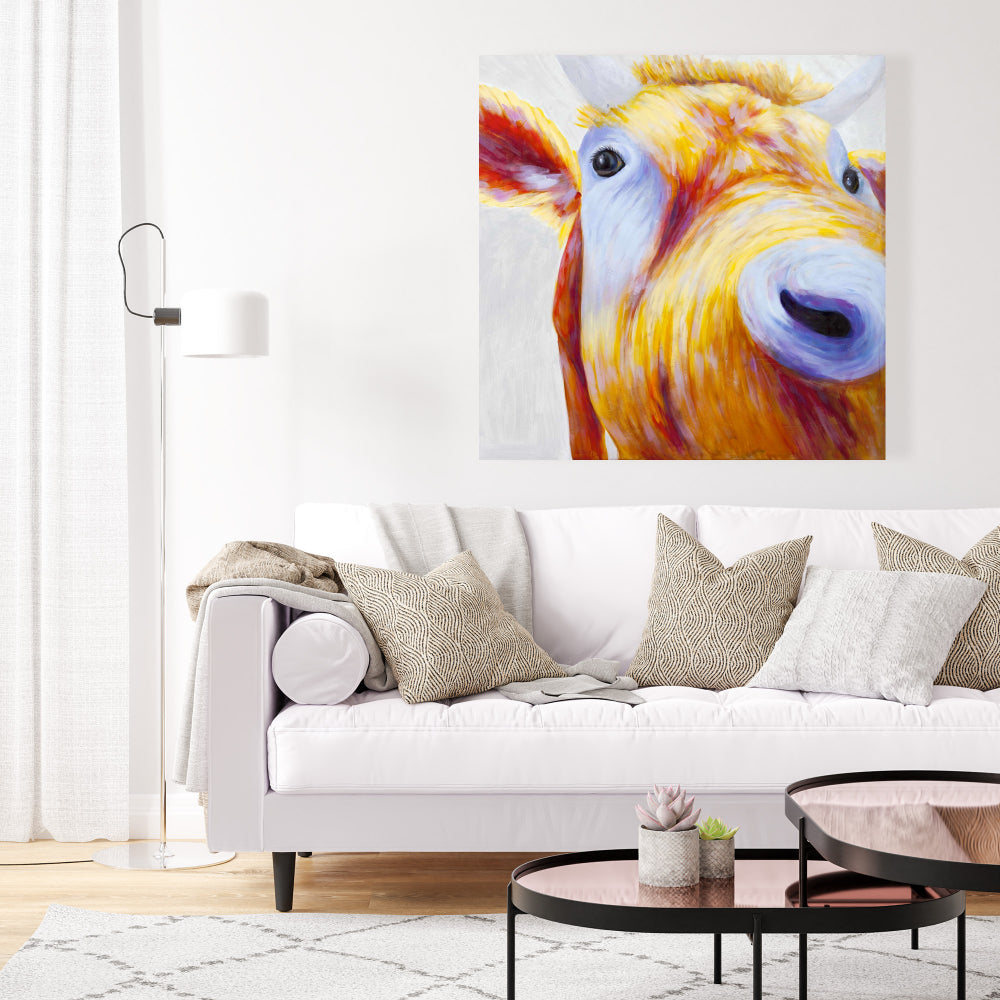 Colorful Country Cow Canvas - Blue Contemporary Bedroom Art