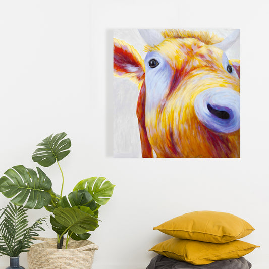 Colorful Country Cow Canvas - Blue Contemporary Bedroom Art