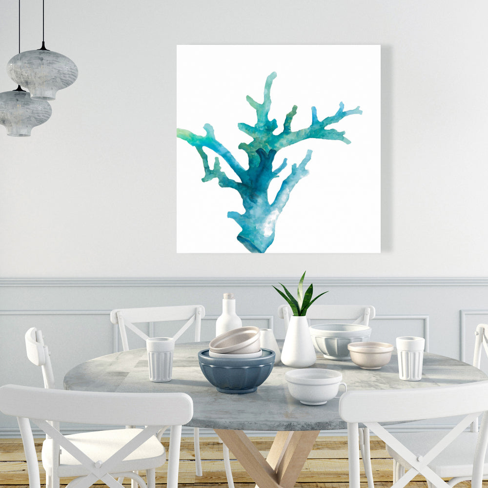 Toile aquarelle bleu scandinave avec corail marin | Décoration d'intérieur