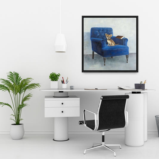 Toile encadrée « Chihuahua sur fauteuil bleu » | Décoration d'intérieur pour animaux
