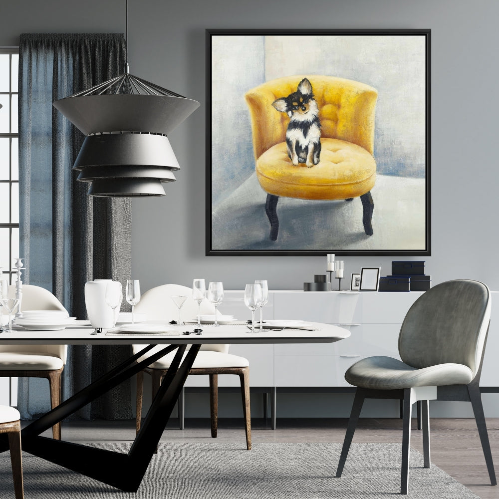 Contemporary Gray Canvas - Long-haired Chihuahua on Yellow Chair