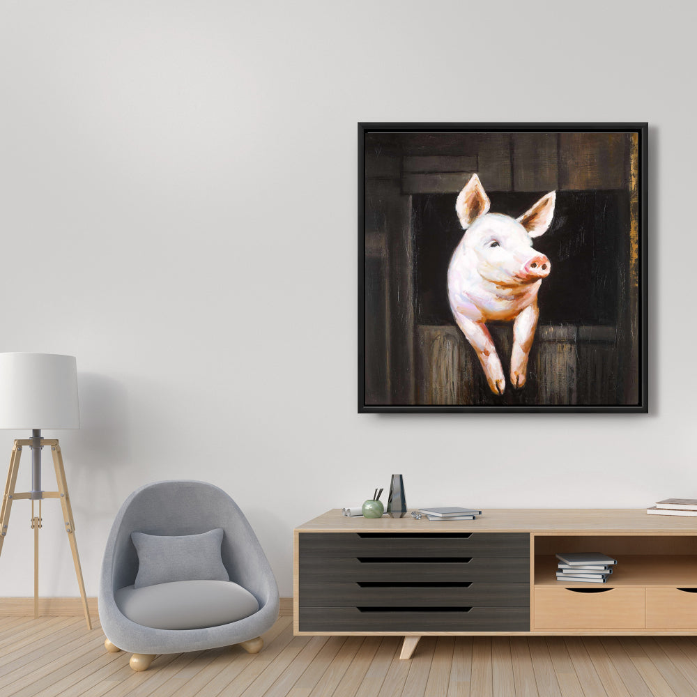 Smiling Pig Brown Framed Canvas | Farm Animal Home Decor