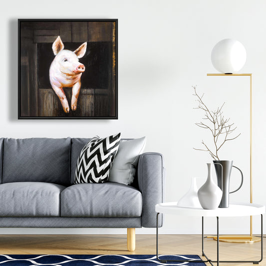 Smiling Pig Brown Framed Canvas | Farm Animal Home Decor