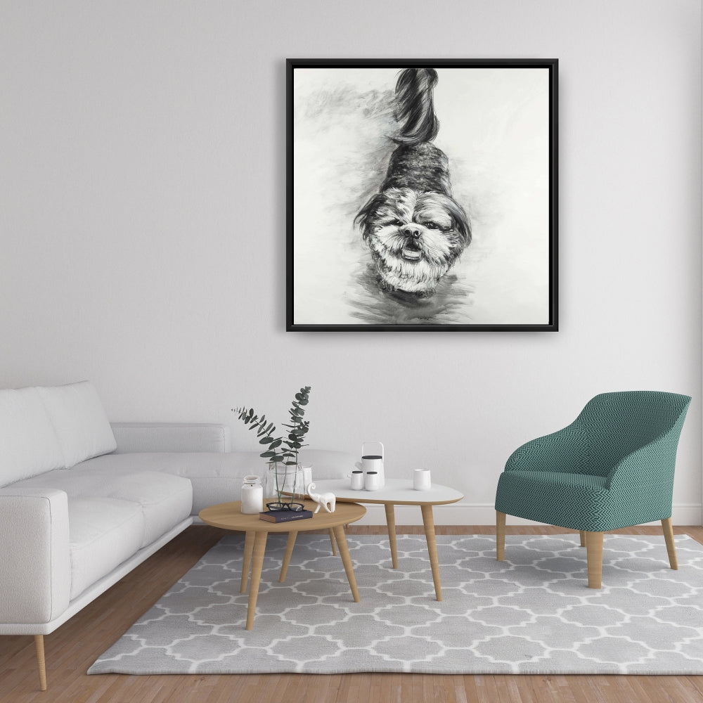 Happy Dog Sketch | White Pets Animals Framed Canvas Decor