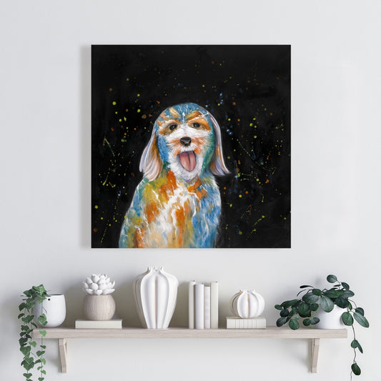 Toile abstraite bleue représentant un labradoodle | Décoration de salon