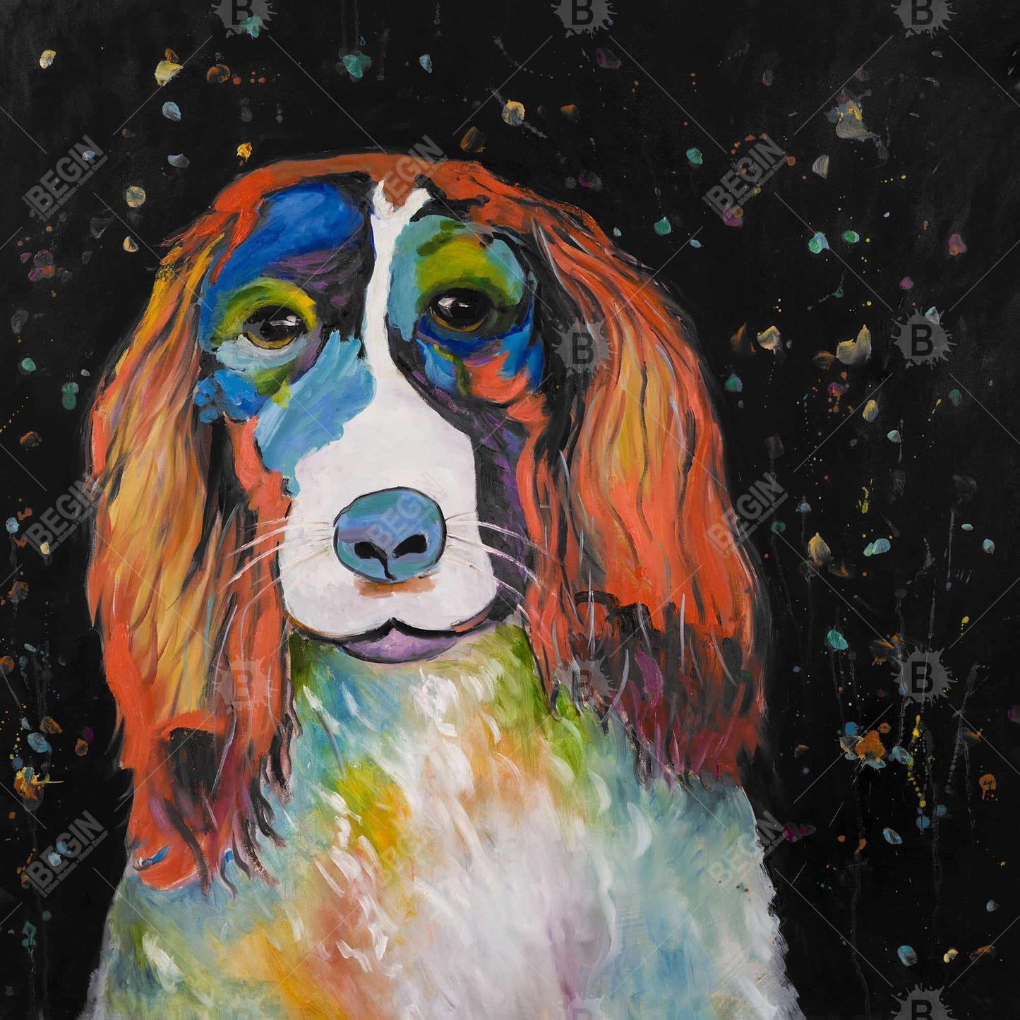 Colorful Dog Canvas - Blue Framed Art for Home Decor