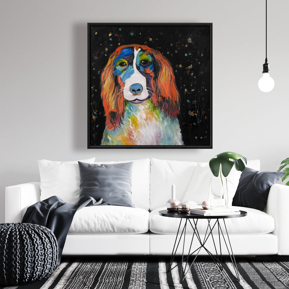 Colorful Dog Canvas - Blue Framed Art for Home Decor
