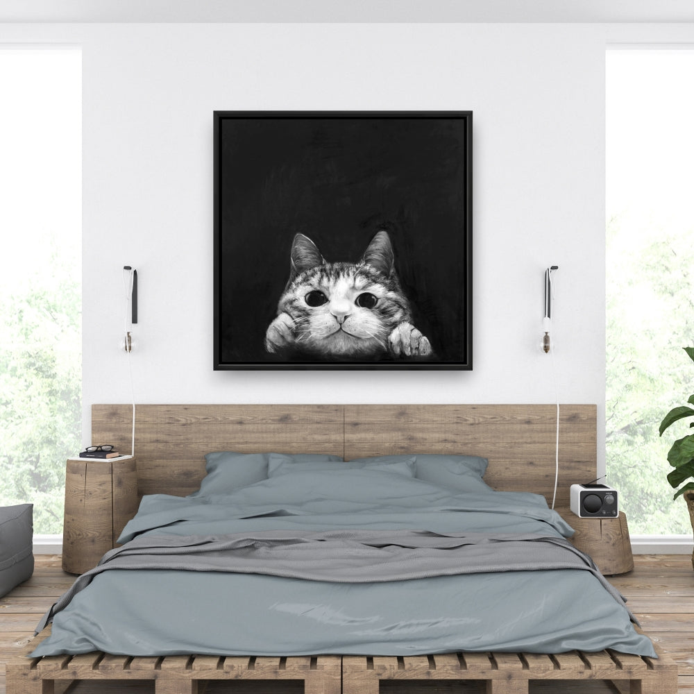 Livingroom Pets White Framed Canvas - Curious Cat Home Decor
