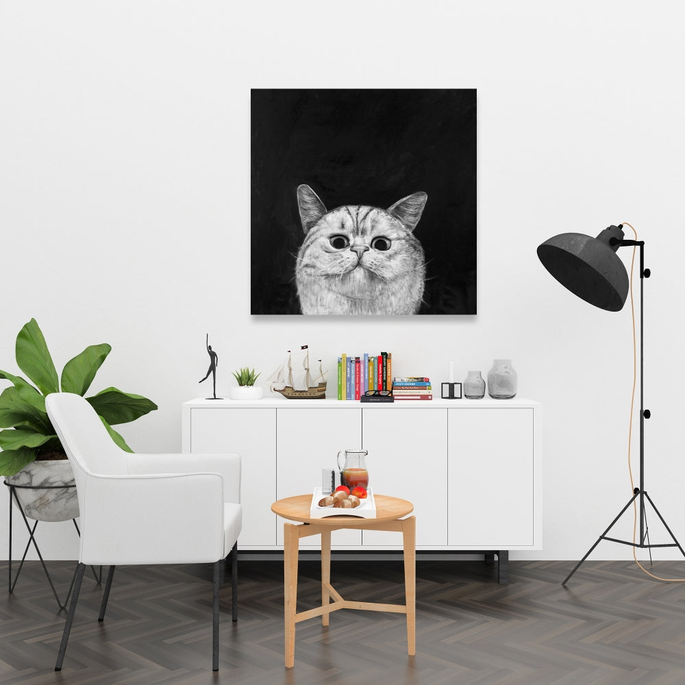 Watching Cat Monochrome Canvas - Living Room Home Decor