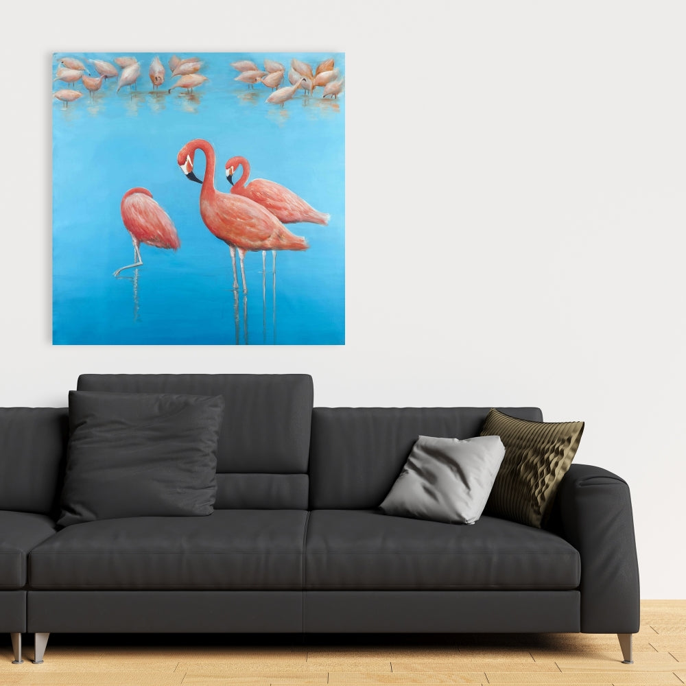 Toile bleue avec flamants roses | Décoration murale