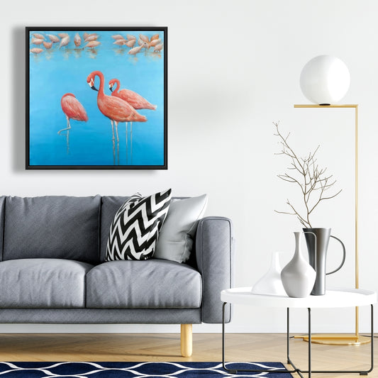 Blue Flamingos Framed Canvas | Bedroom Wall Art Decor