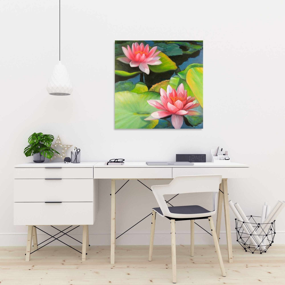 Blue Romantic Bedroom Canvas - Water Lilies and Lotus Flowers