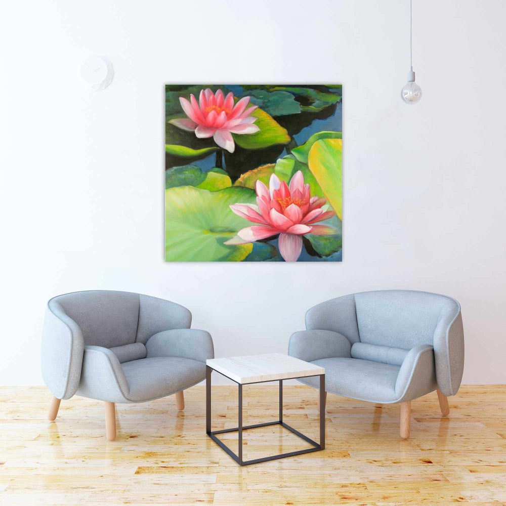 Blue Romantic Bedroom Canvas - Water Lilies and Lotus Flowers