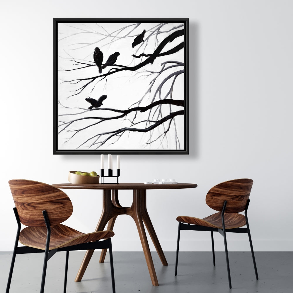 Silhouette of Birds | White Framed Canvas for Bedroom Decor
