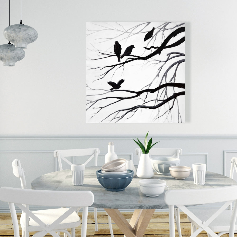 Silhouette of Birds White Canvas - Bedroom Trees Wall Art