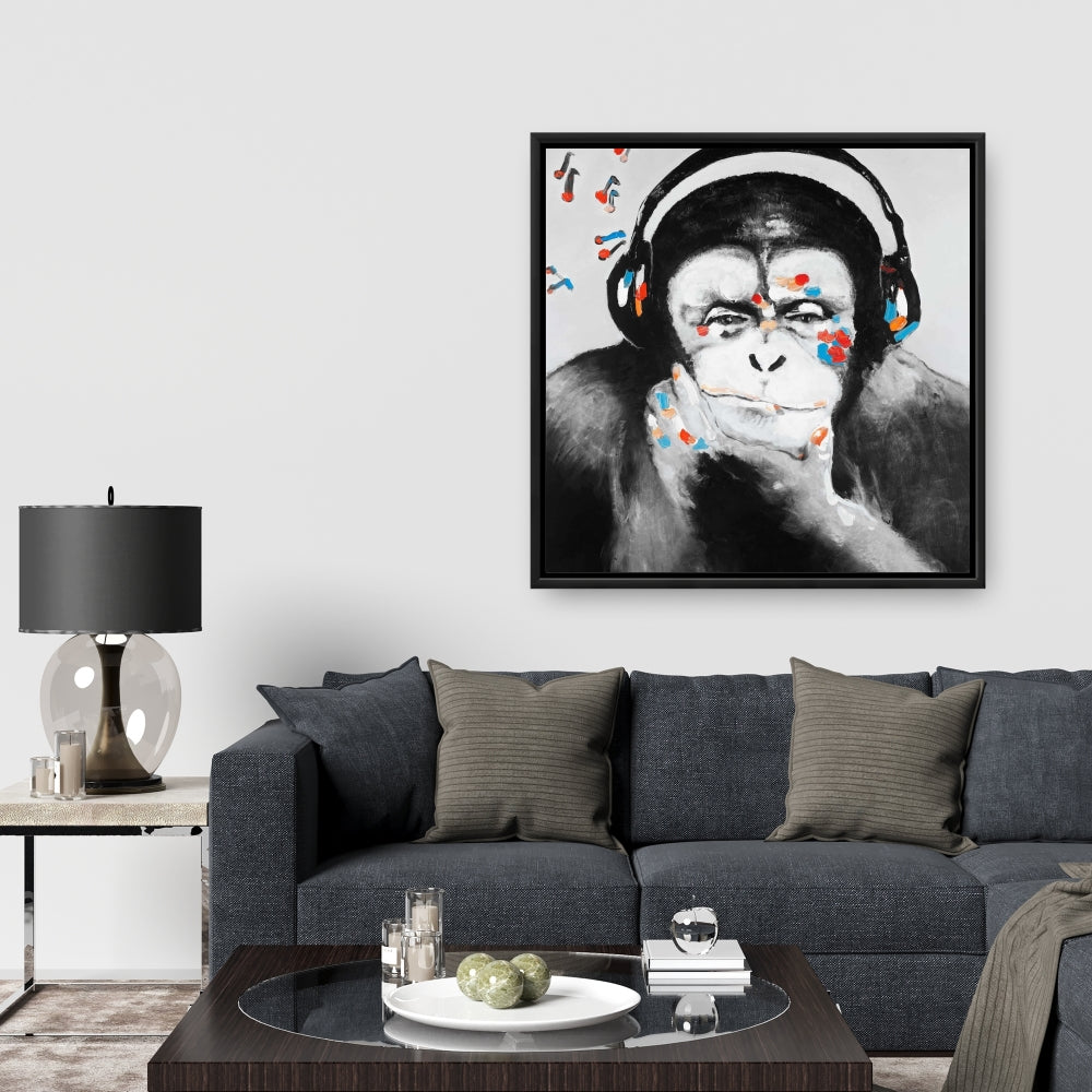Monkey with Headphones Canvas - Gray Bedroom Decor Wall Art