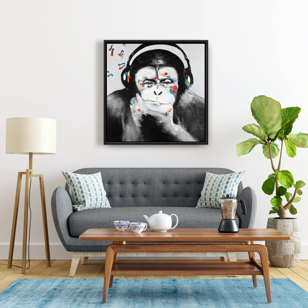 Monkey with Headphones Canvas - Gray Bedroom Decor Wall Art