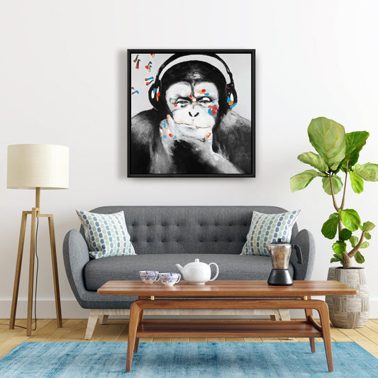 Toile Singe avec casque audio - Décoration murale grise pour chambre à coucher