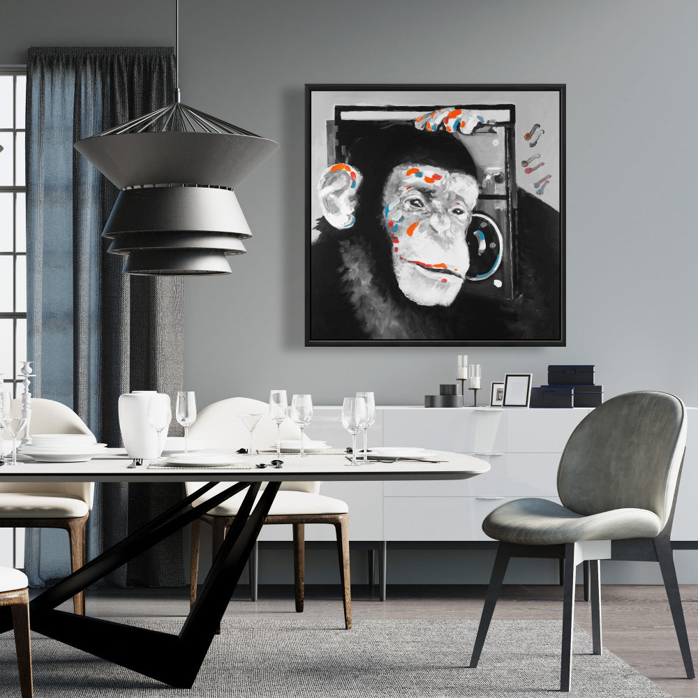 Monkey Listening to Radio Canvas | Gray Frame | Home Decor