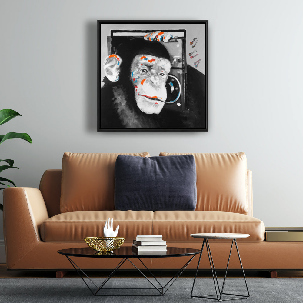 Monkey Listening to Radio Canvas | Gray Frame | Home Decor