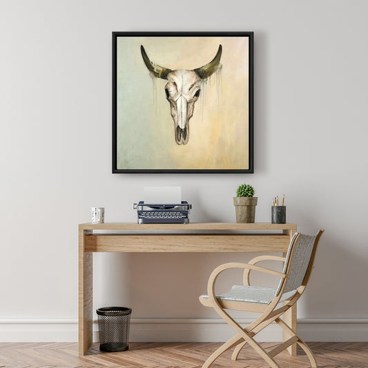 Décoration de chambre africaine | Toile avec crâne de taureau encadrée marron