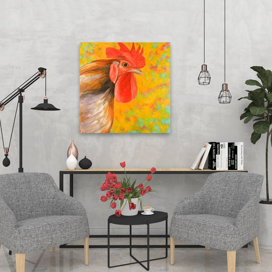 Colorful Rooster Canvas - Yellow Farm Animals Home Decor