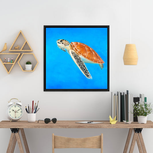 Toile Tortue de mer | Animaux de la chambre | Décoration murale encadrée bleue