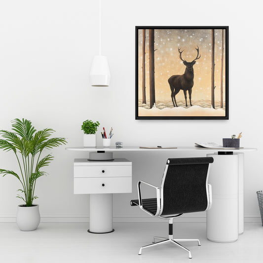 Roe Deer in Winter Canvas - Rustic Brown Framed Home Decor